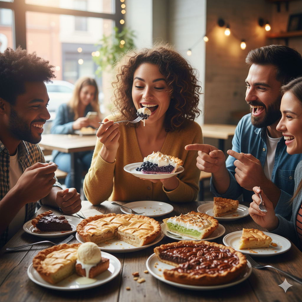 A group of friends laughing and sharing slices of pie at a sunlit cafe table.