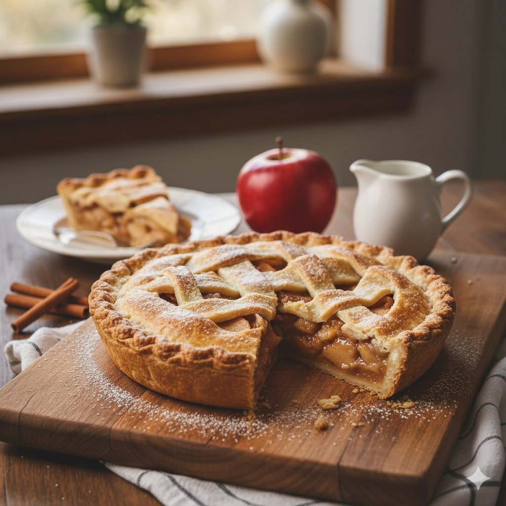 A golden lattice-topped apple pie on a wooden board, dusted with sugar.