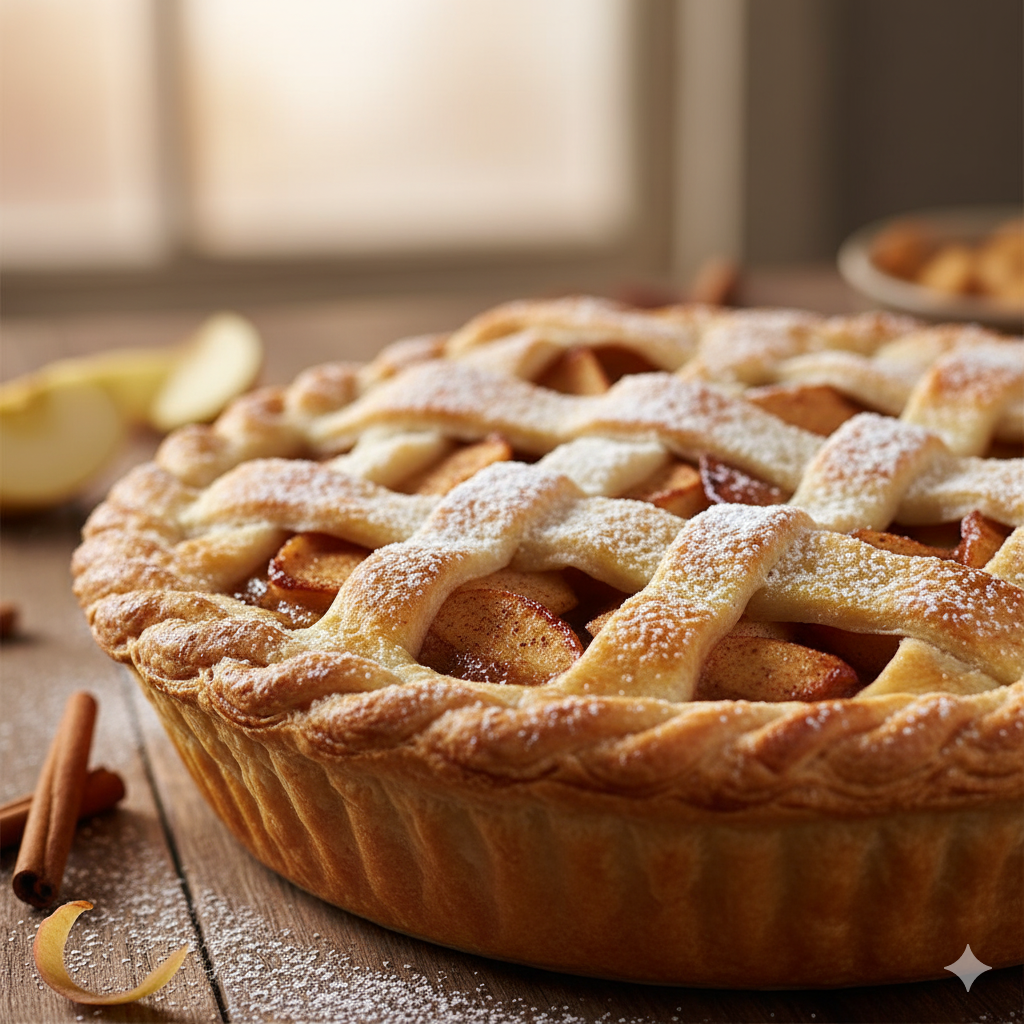 An apple pie with a golden lattice top, dusted with powdered sugar.