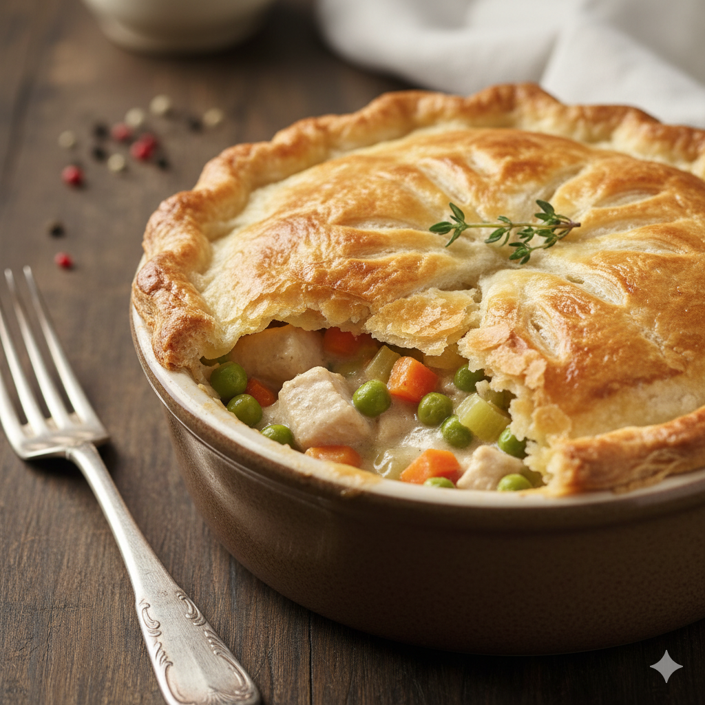 A chicken pot pie with a golden, flaky top, broken open to reveal a creamy filling with peas and carrots.