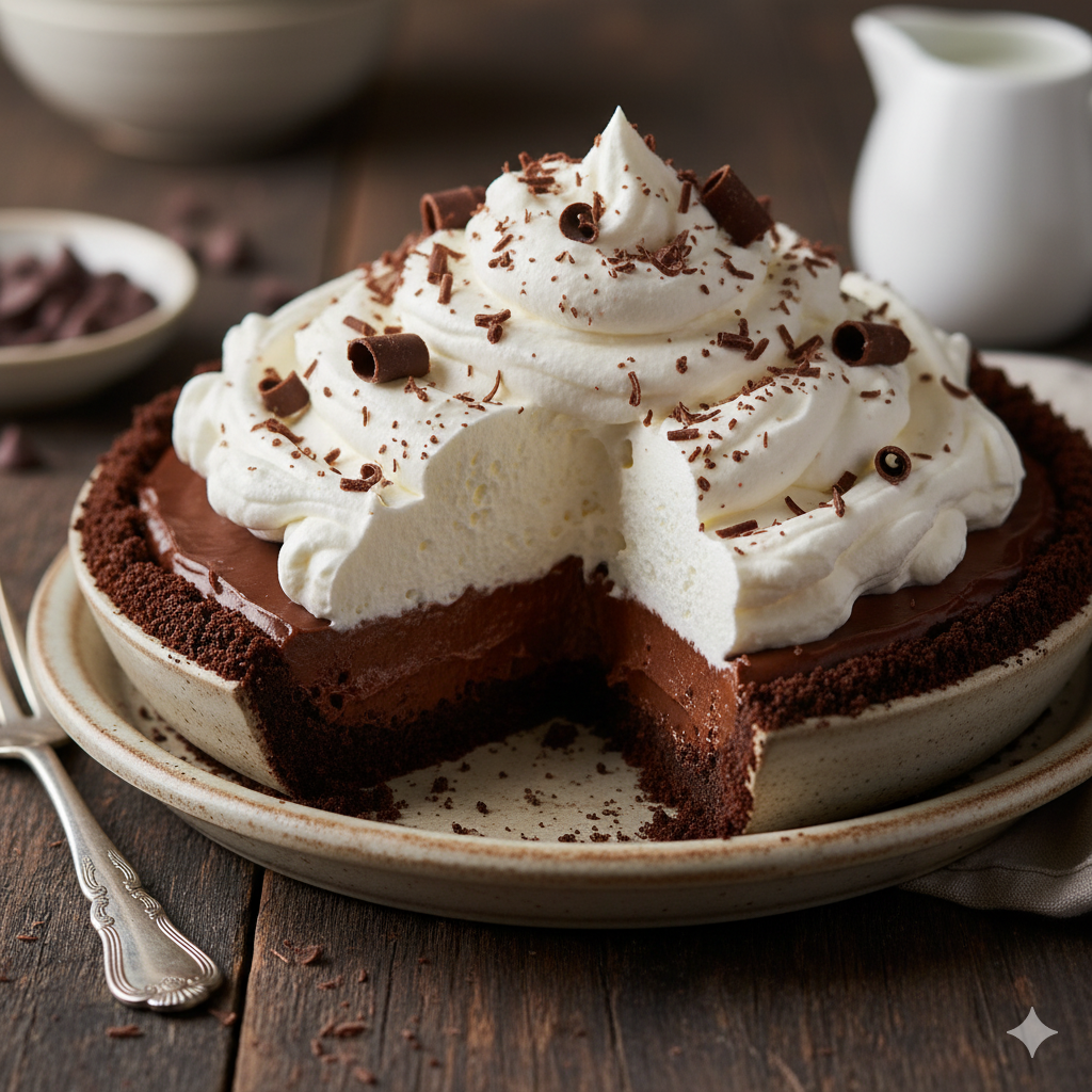 A chocolate silk pie topped with a tall swirl of whipped cream and chocolate shavings.