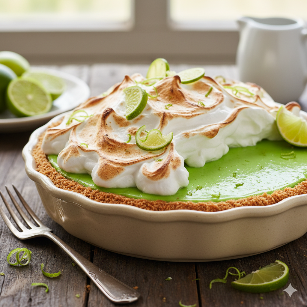 A key lime pie with a torched meringue topping and lime zest, on a wooden table.