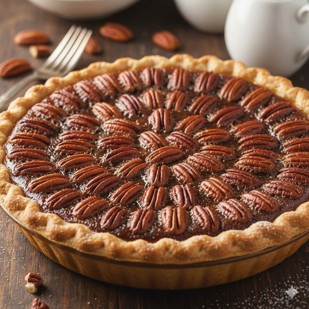 A pecan pie with halved pecans arranged in concentric circles, glossy with caramel filling.
