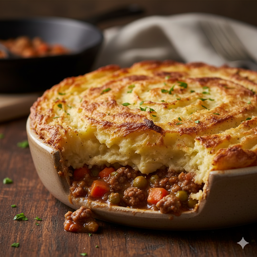 A shepherd's pie with a golden mashed-potato top, broken open to reveal a beef-and-vegetable filling.