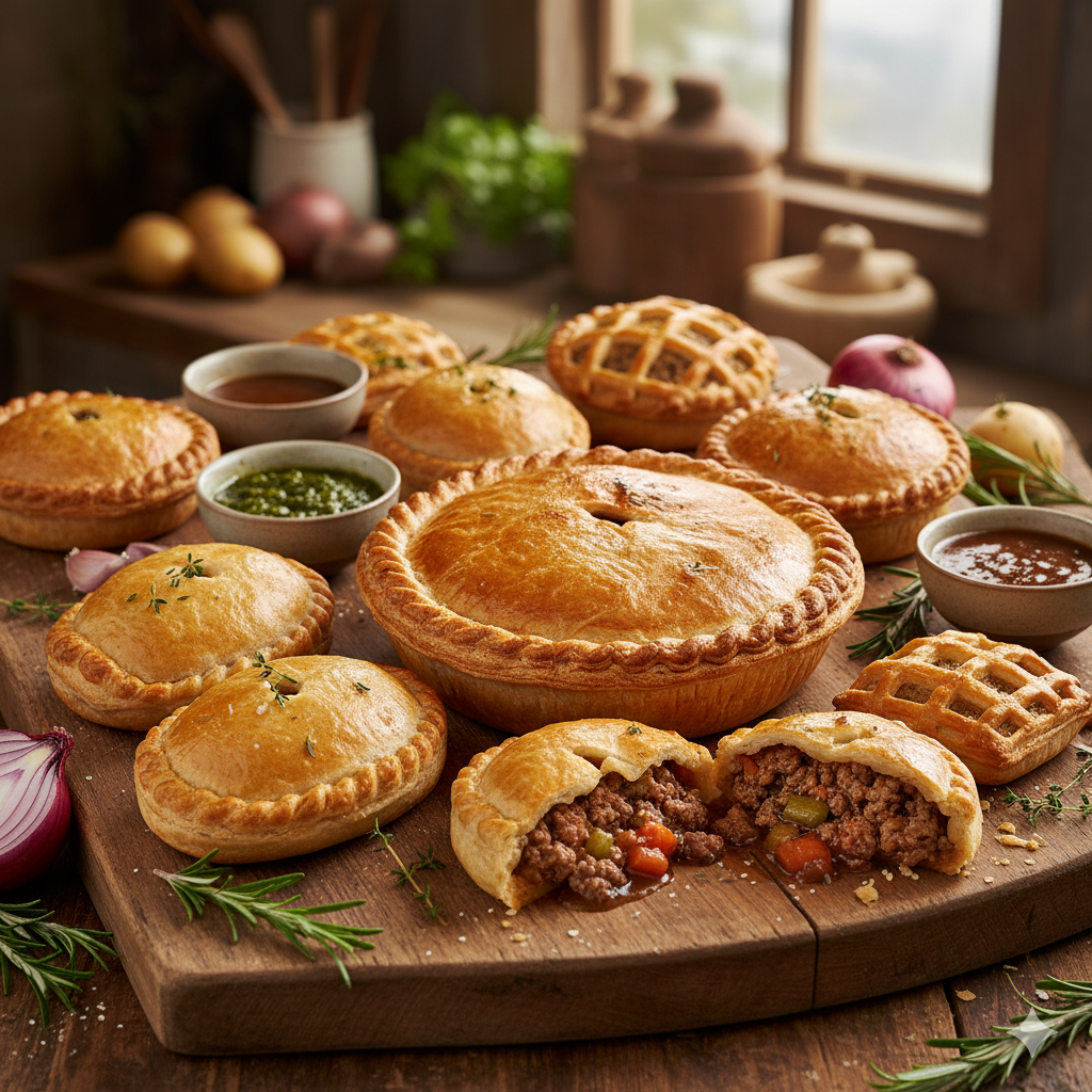 A wooden board with several savory hand pies in golden crusts, surrounded by fresh herbs.