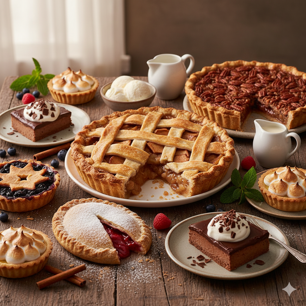 A spread of sweet pies including apple, pecan, and chocolate, with cream and berries.